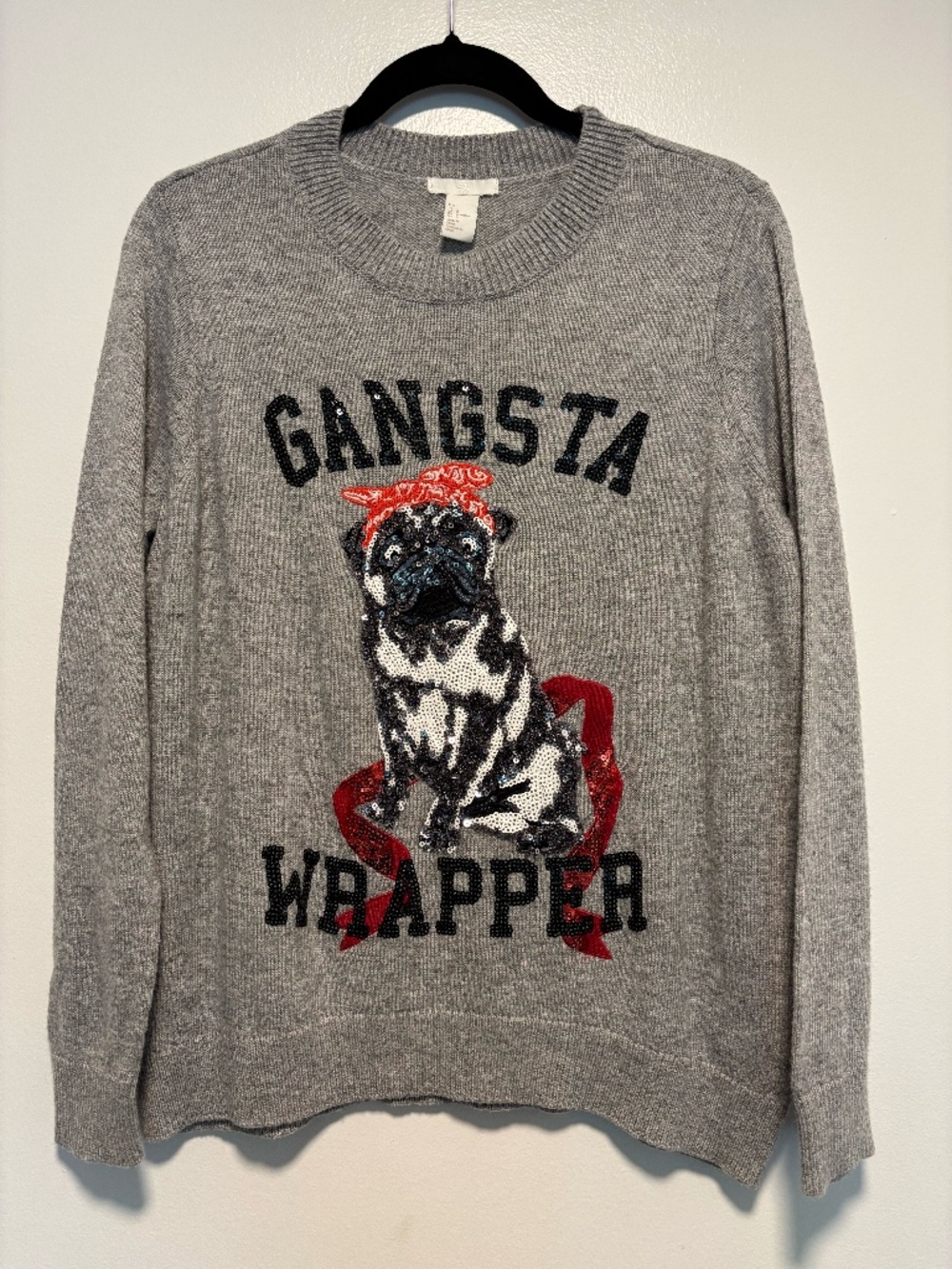 H&M Gangsta Wrapper Sequin Pug Christmas Sweater Size L